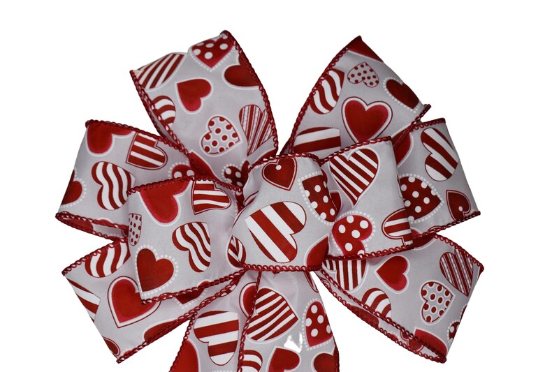 Valentine's Day Wired Wreath Bow - Red and White Hearts Delight